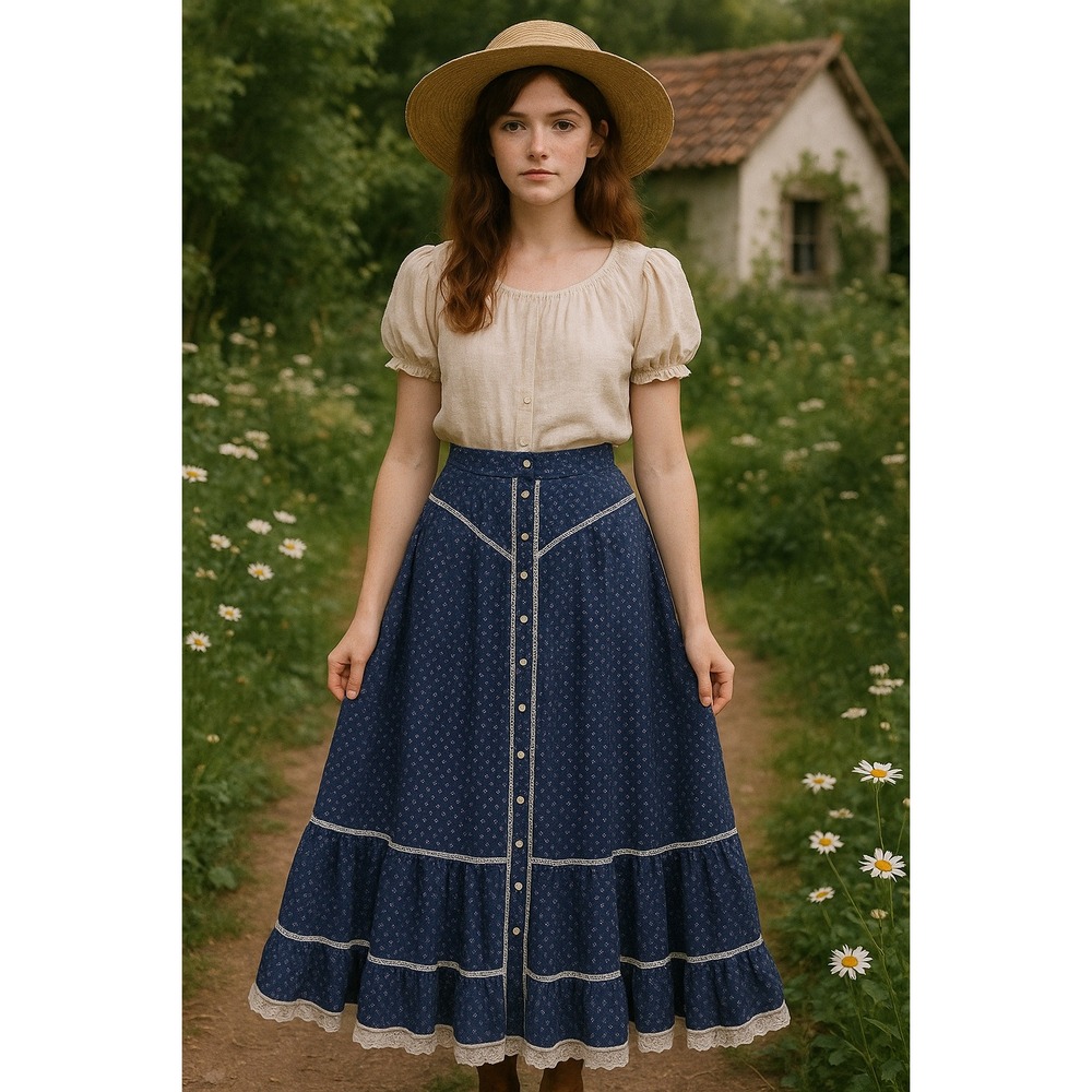 Vintage 70s Jessica's Gunnies‎ Blue Floral Print Skirt Lace Gunne Sax 24" Waist